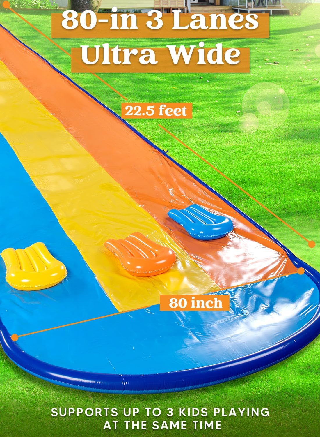 Sloosh Triple Water Slide with 3 BodyBoards. 22.5FT Lawn Water Splash Slip and Slide Summer Toy Splash Pad with Build in Advanced Sprinkler for Kids Adults Backyard Summer Water Fun