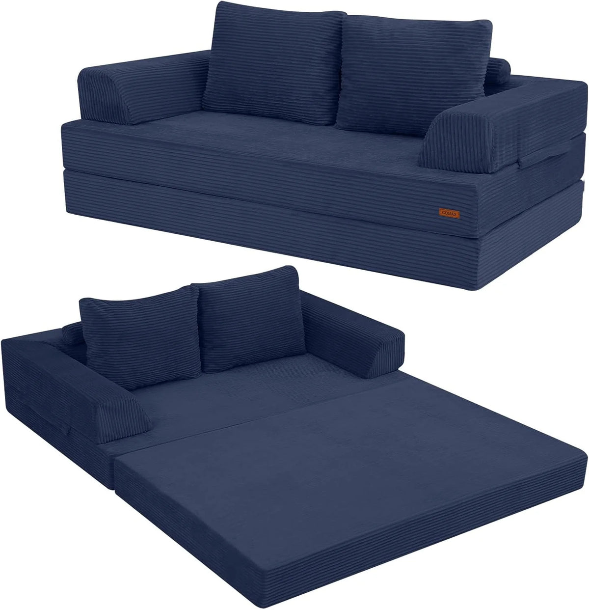 Foldable sofa bed (large size). foldable floor sofa. denim foldable sofa bed as a sleeping mattress. with pillows. boneless sofa. comfortable and relaxing double seat. suitable for living room and bedroom. navy blue color