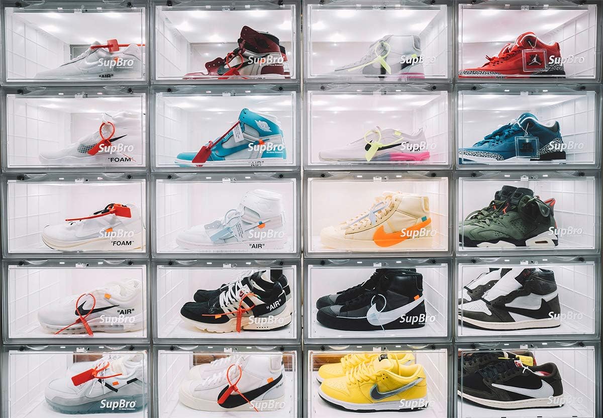 Lightning Collection Storage Box - Voice Control - Easy Access Storage Shoe Box. Stackable Shoe Storage Box. Equipped with Transparent Plastic Door. Suitable for Sports Shoes (11.2 x 14.9 x 8.8 inches (6 sets). White)