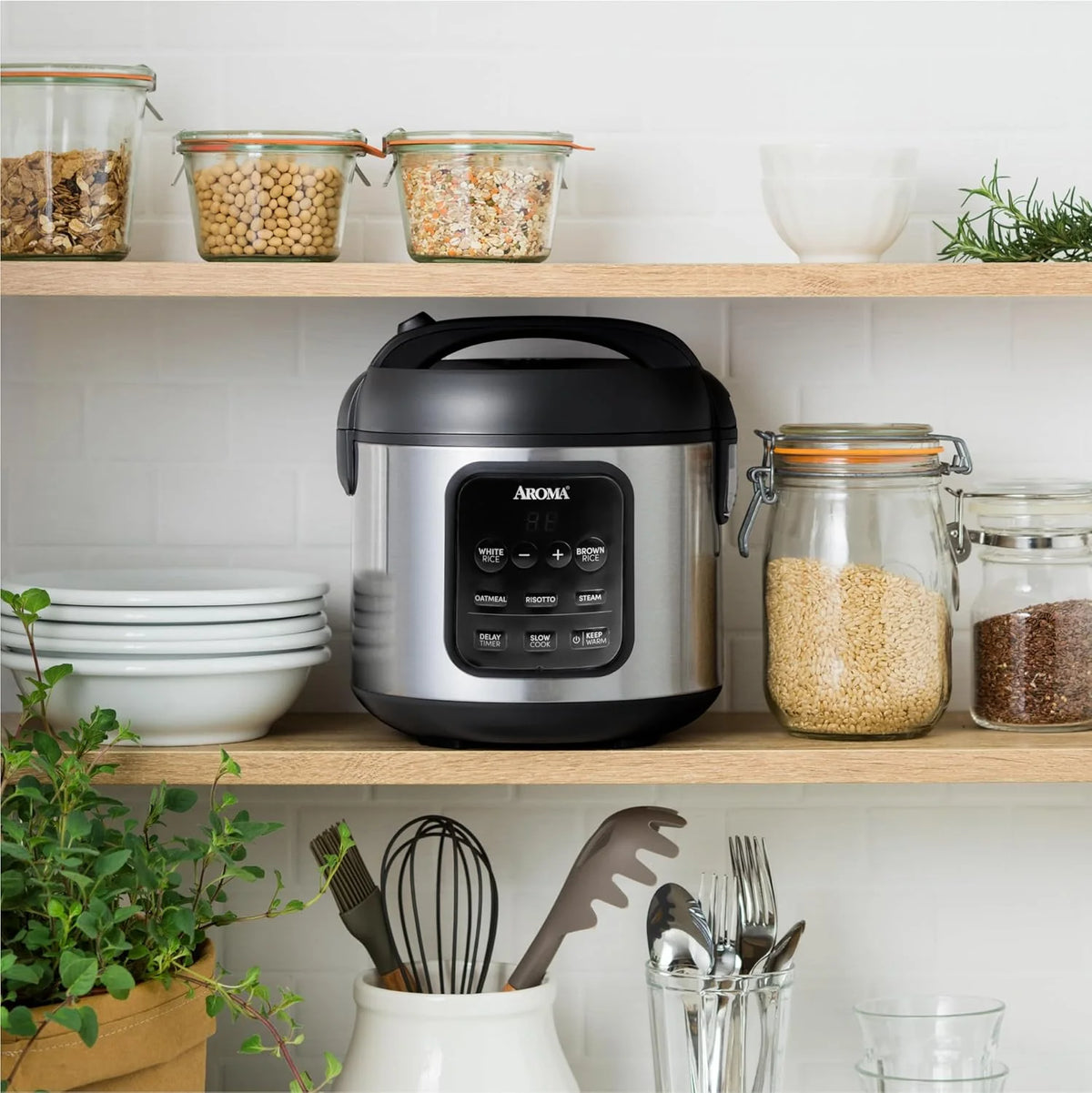 Digital rice cooker. 4 cup capacity (uncooked state) / 8 cup capacity (cooked state). steamer. multi-functional cooking pot. slow cooker. oatmeal pot. automatic insulation function. 2 gallons. stainless steel shell