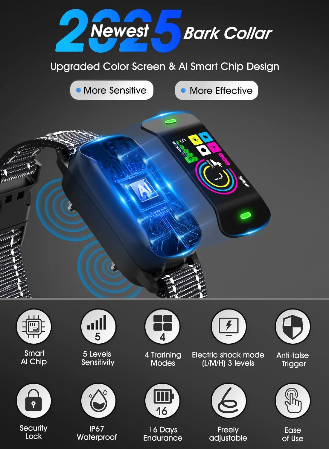 Smart Dog Bark Collar. Anti Barking Training Collar with 4 Training Modes. 5 Adjustable Sensitivity Levels. Waterproof and Magnetic Charging. Smart Bark Collar for Large Medium Small Dogs (Black)