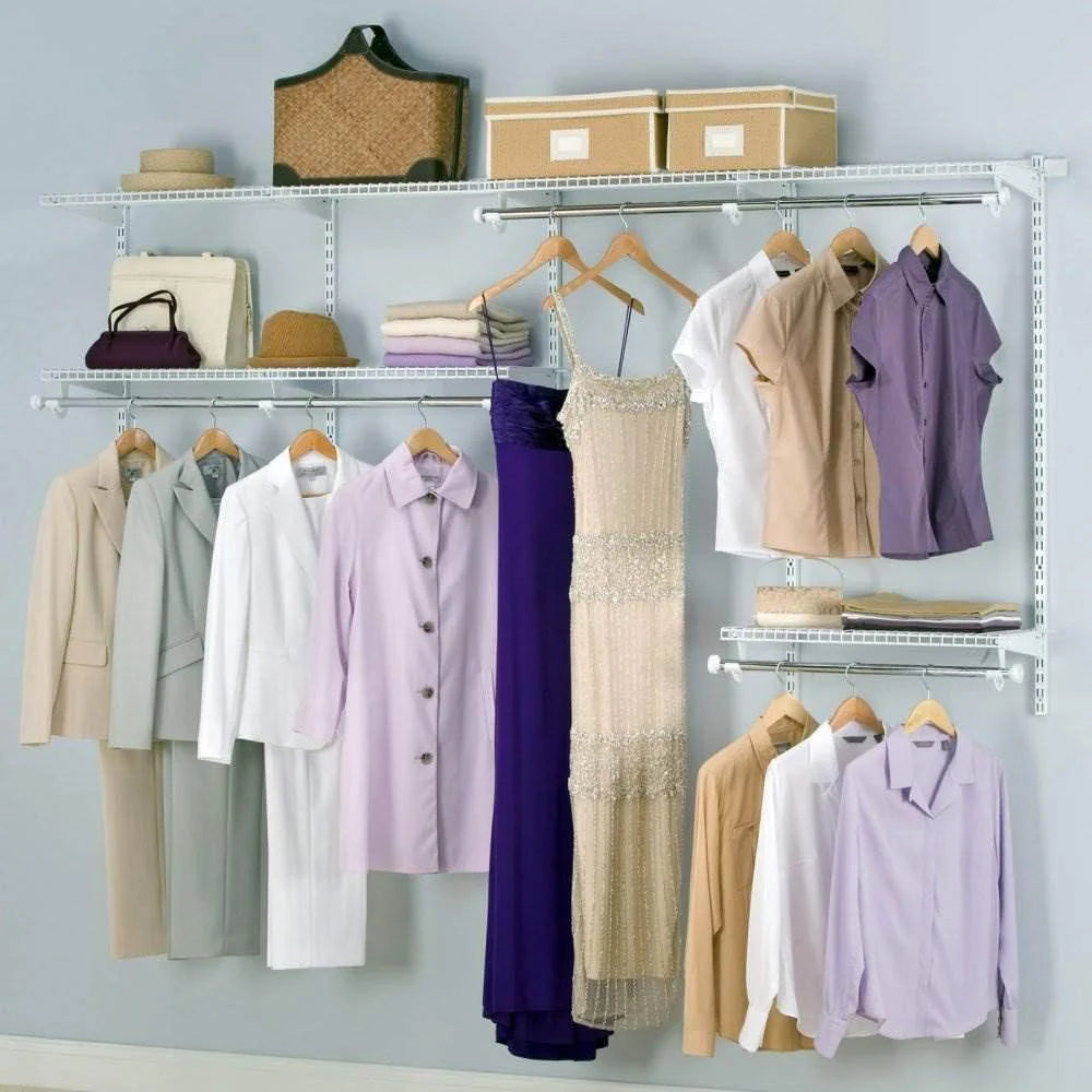 Rubbermaid Configurations Custom Closet Kit 4-8 Ft. Adjustable Metal Wire Shelving White Finish Expandable Organization System Hardware Included for Home Closet/Pantry/Laundry/Mudroom