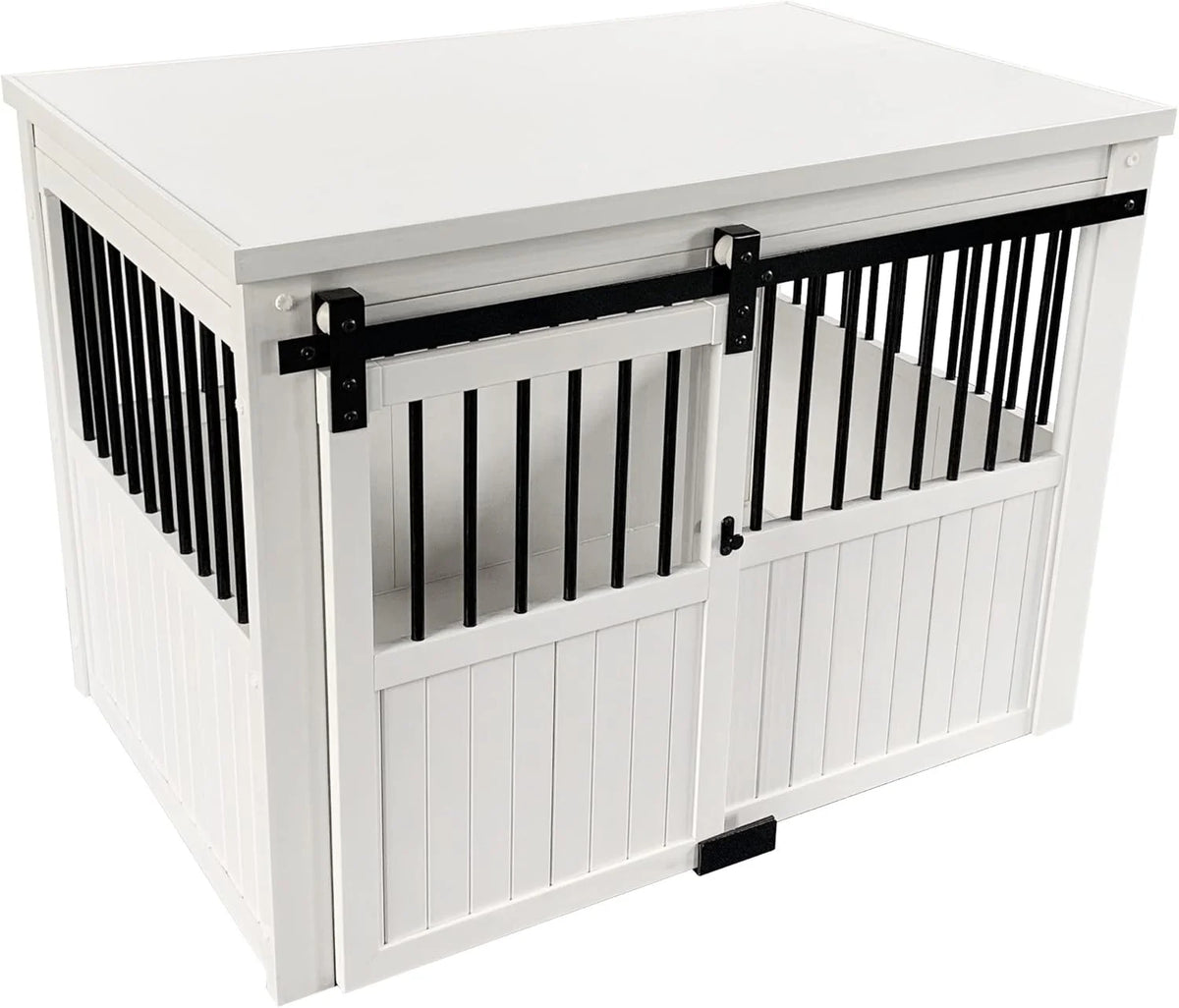 Farm sliding cowshed door furniture-style dog cage - antique white. large size. Unique style. durable and sturdy. Removable seat cushion. Easy to assemble.