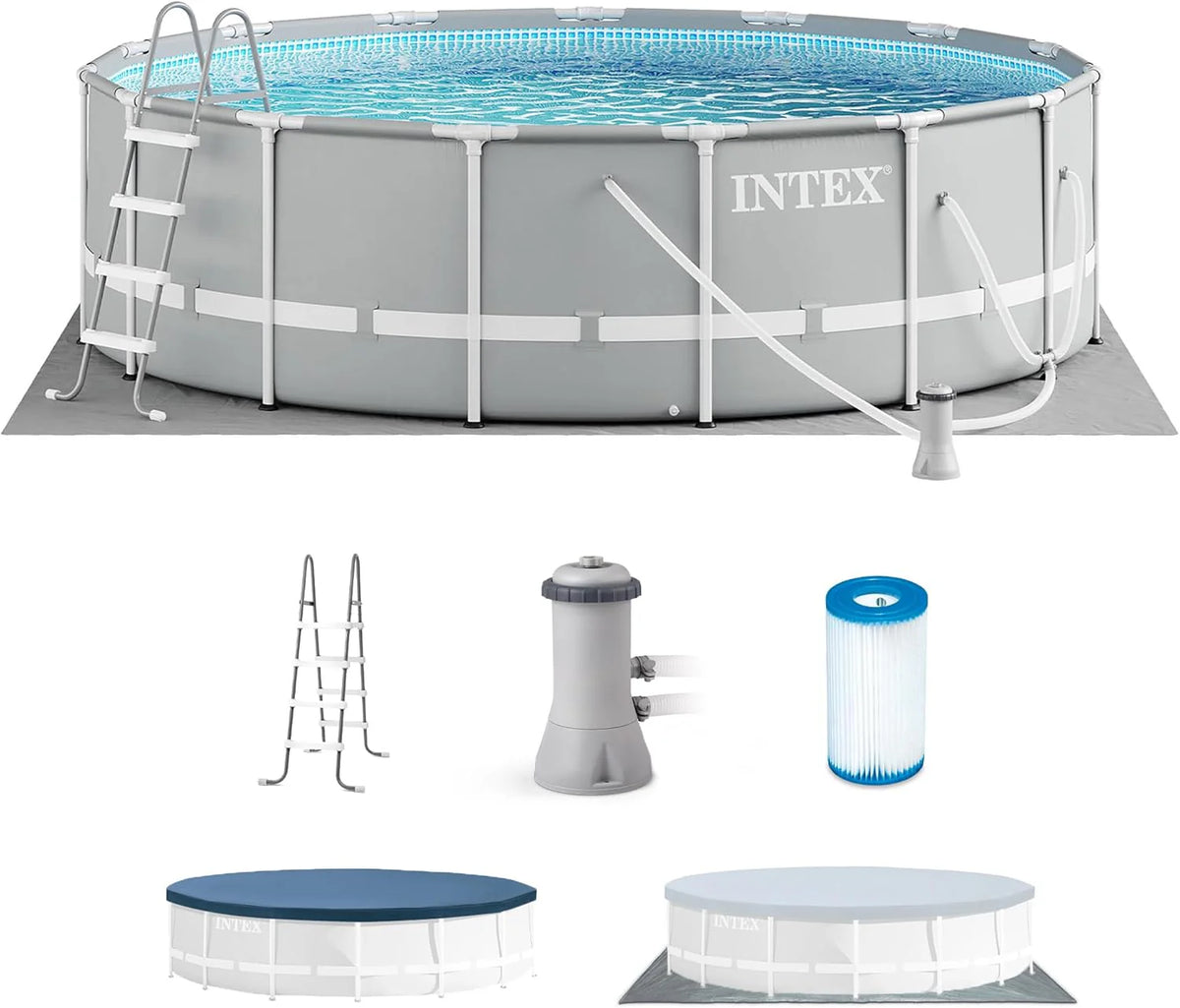 Above Ground Swimming Pool w/ Pump. Cover. & Ladder. 18' x 48. Prism Frame. Gray - Outdoor Round Family Pool w/ Filter. 42-Inch Deep Water