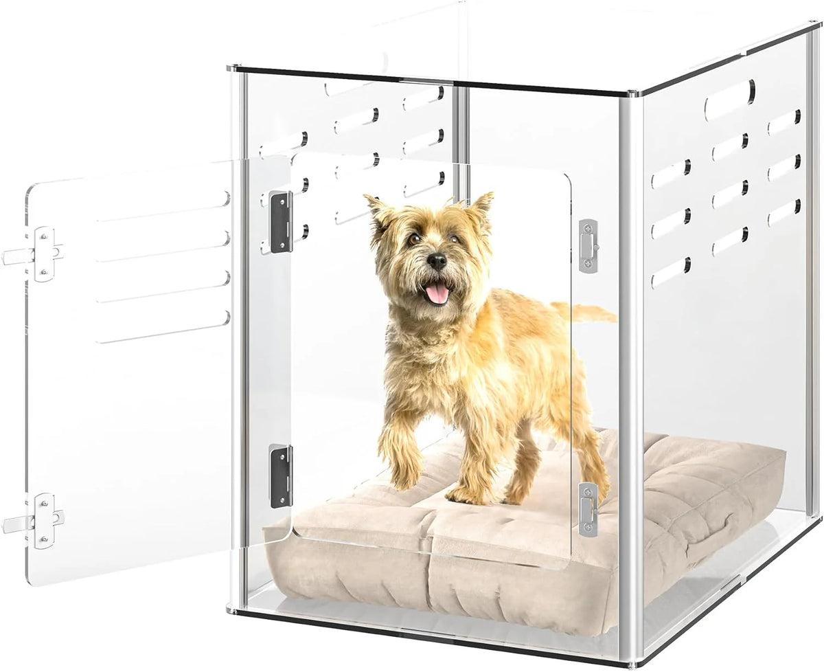 Acrylic dog cage - Clear and transparent dog house - Indoor lockable - High-intensity ventilation dog house - Suitable for small to medium-sized dogs (weighing no more than 45 pounds) - Fashionable transparent dog house cage. 30 inches long. 20 inche