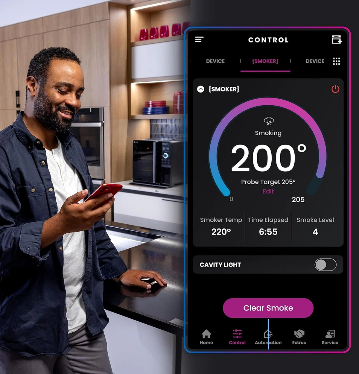 Smart Indoor Pellet Smoker. with Active Smoke Filtration. 5 Smoke Control Settings. WiFi Connected. Electric. Countertop BBQ Appliance. Black
