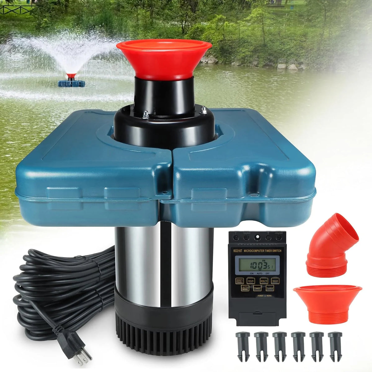 Pool fountain aerator. F2-2 type. 1 horsepower. 750 watts. 110 volts. stainless steel floating fountain. equipped with 100 feet power cord. suitable for fountain waterfalls pumps and hydraulic systems in small and large ponds and lakes.