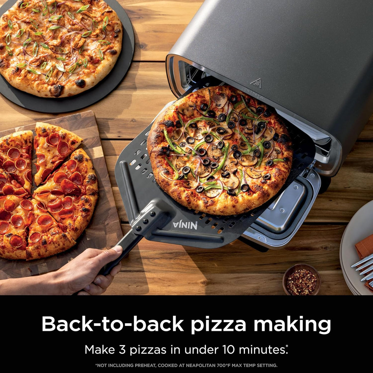 Artisan Outdoor Pizza Oven. 12 inches. can make pizza in 3 minutes. Neapolitan style. thin crust. New York Chicago style. custom model. maximum temperature 700 degrees Fahrenheit. electric heating. baking. grilling. and fermentation functions.