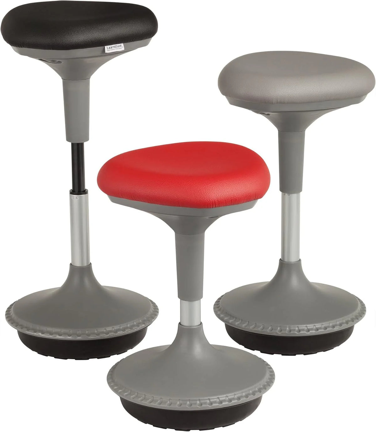 Adjustable-height office desk and active learning stools for classrooms. foam-filled backless rocking stools with rocking function. in gray color