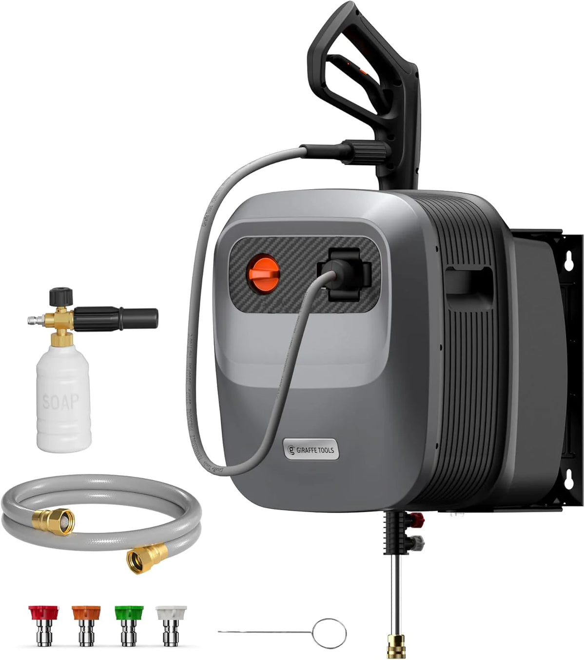 Pressure Washer G20 Pro. 2500 PSI 2.2 GPM. 180° Wall Mounted Power Washer. Auto-retract with 65FT Hose Reel. 5 Nozzles for Floor/Cars/Fences/Patios. Dark Silver