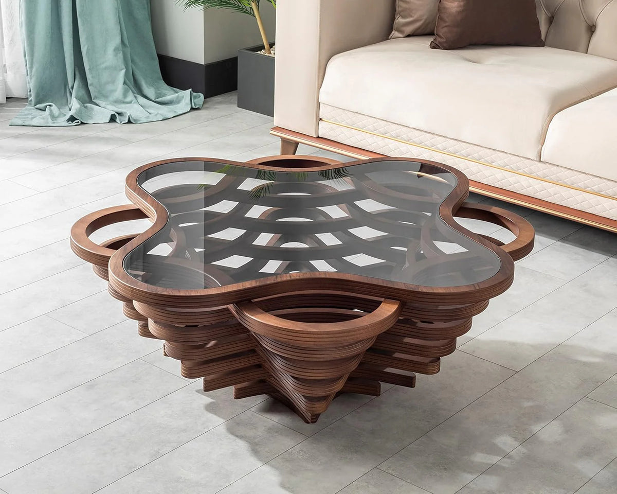 Design a modern coffee table - natural walnut veneer. tempered glass tabletop. layered wave shape. rustic wood. modern living room table. luxurious home and office decoration. central table in the living room.