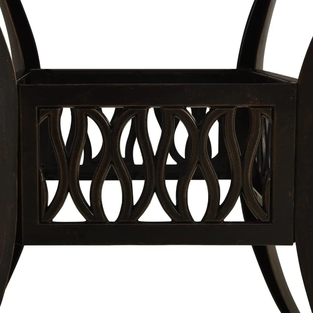 Bronze terrace table. made of cast aluminum. suitable for outdoor use. square design. stable and durable. with dimensions of 35.4 inches × 35.4 inches × 28.7 inches. equipped with umbrella holes. requires assembly.