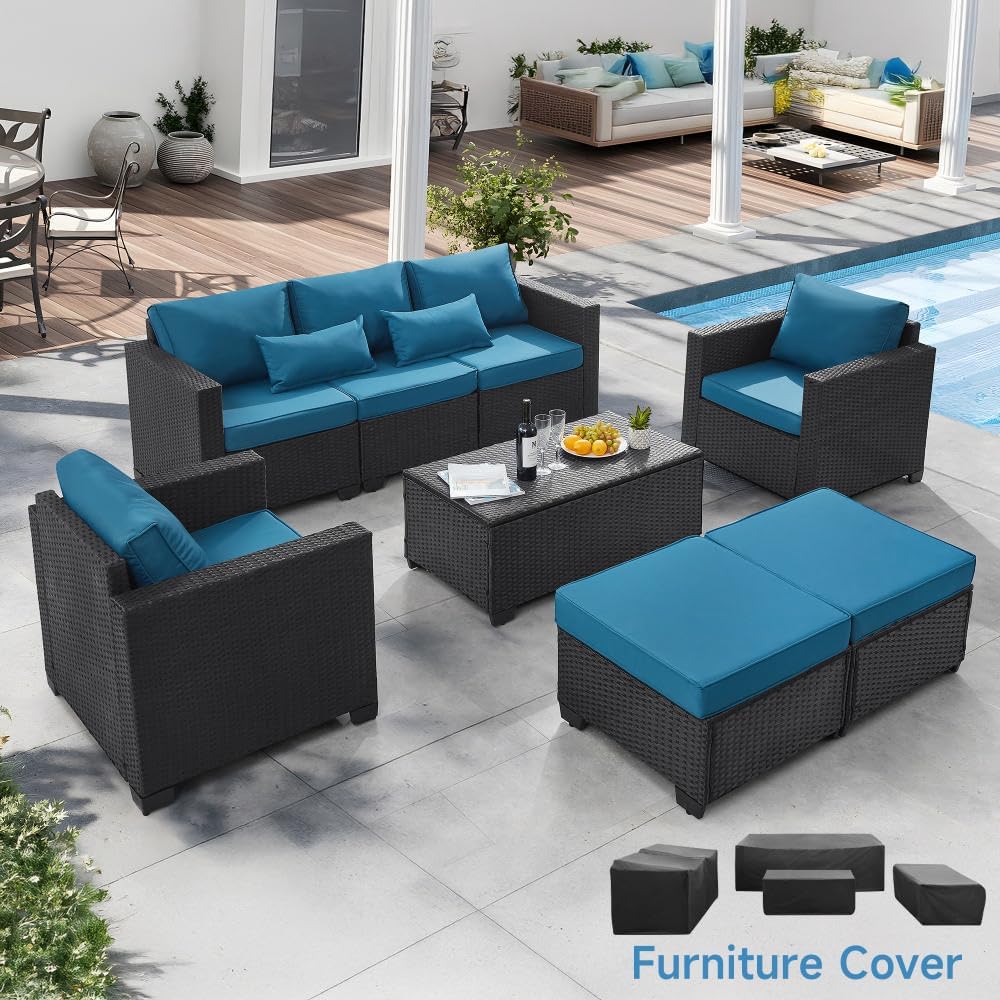 6 Pieces Outdoor Patio Furniture Sets with Furniture Cover. PE Rattan Wicker Patio Conversation Set with Tea Table (Peacock Blue. Rattan Storage Table)