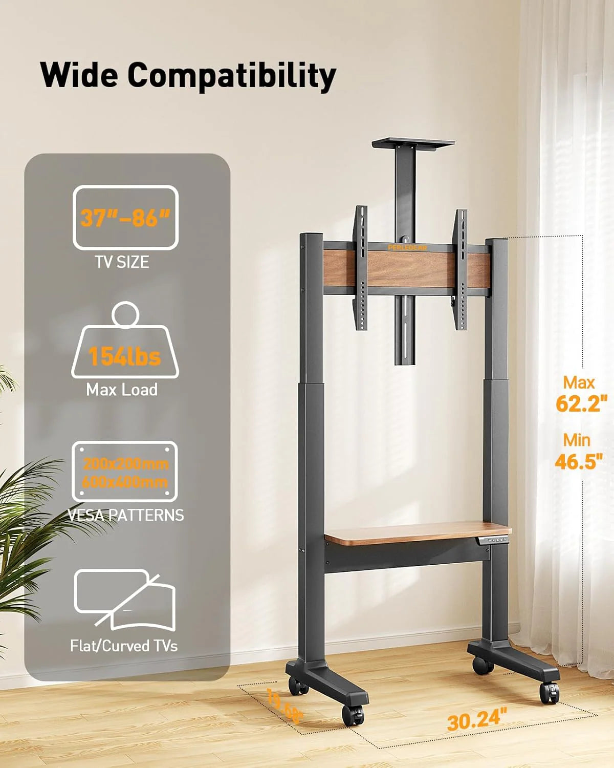 Motorized Mobile TV Stand on Wheels for 37–86 Inch TVs up to 154 lbs. Electric Height Adjustable Rolling TV Stand. VESA 200x200–600x400mm. Wooden Shelf & Panel. PGTVMC26B