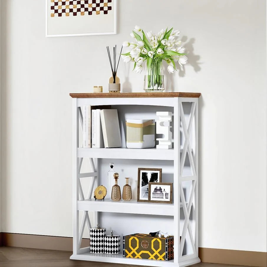 Farmhouse Sofa Table with Power Outlet-4-Tier Bookcase. 42.9 Floor Standing Organizer Shelf