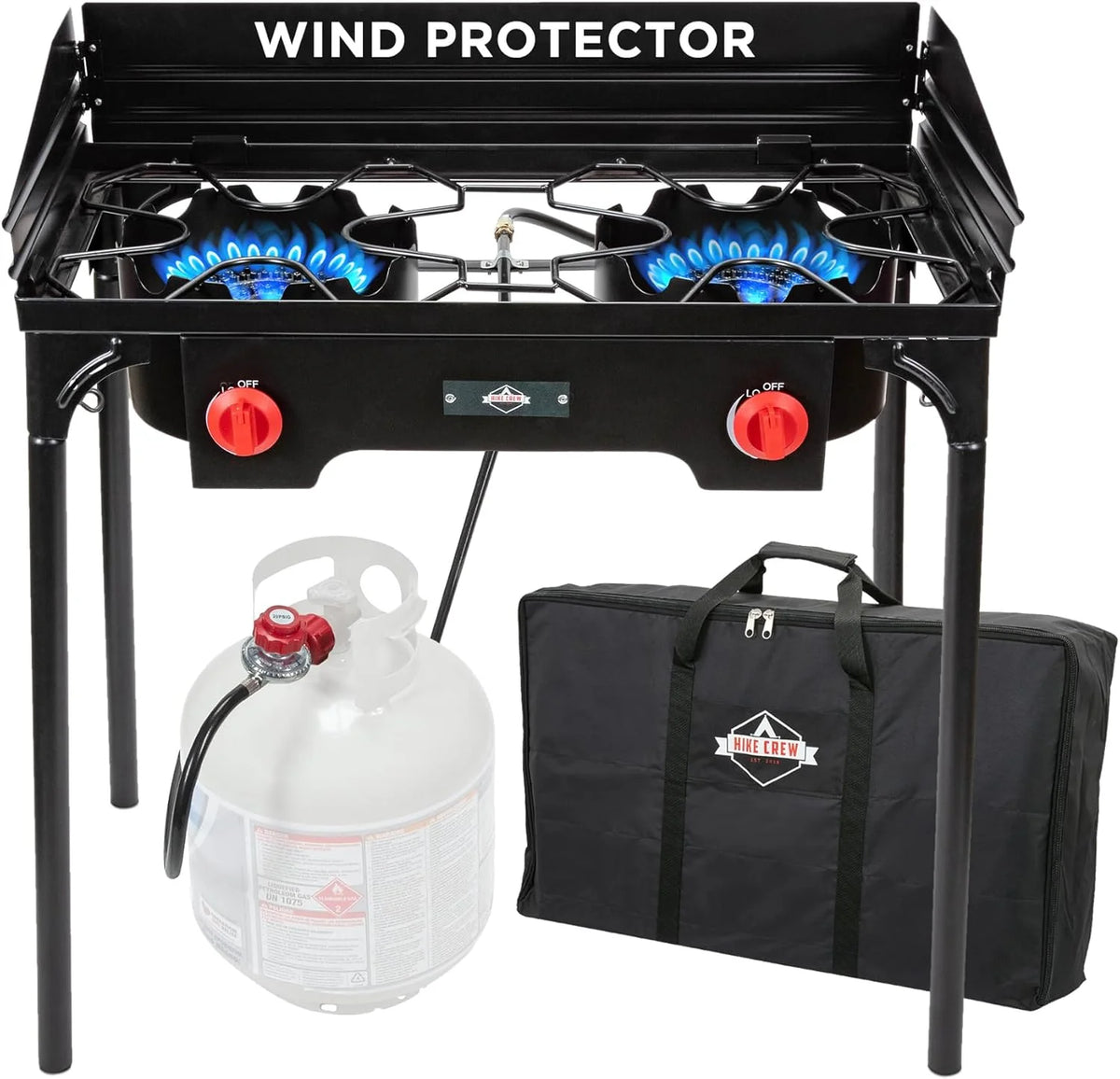 Dual-burner outdoor gas stove | 150.000 British thermal units portable propane stove. with blue flame control. detachable legs. temperature control knob. windproof panel. hose. regulator and storage box