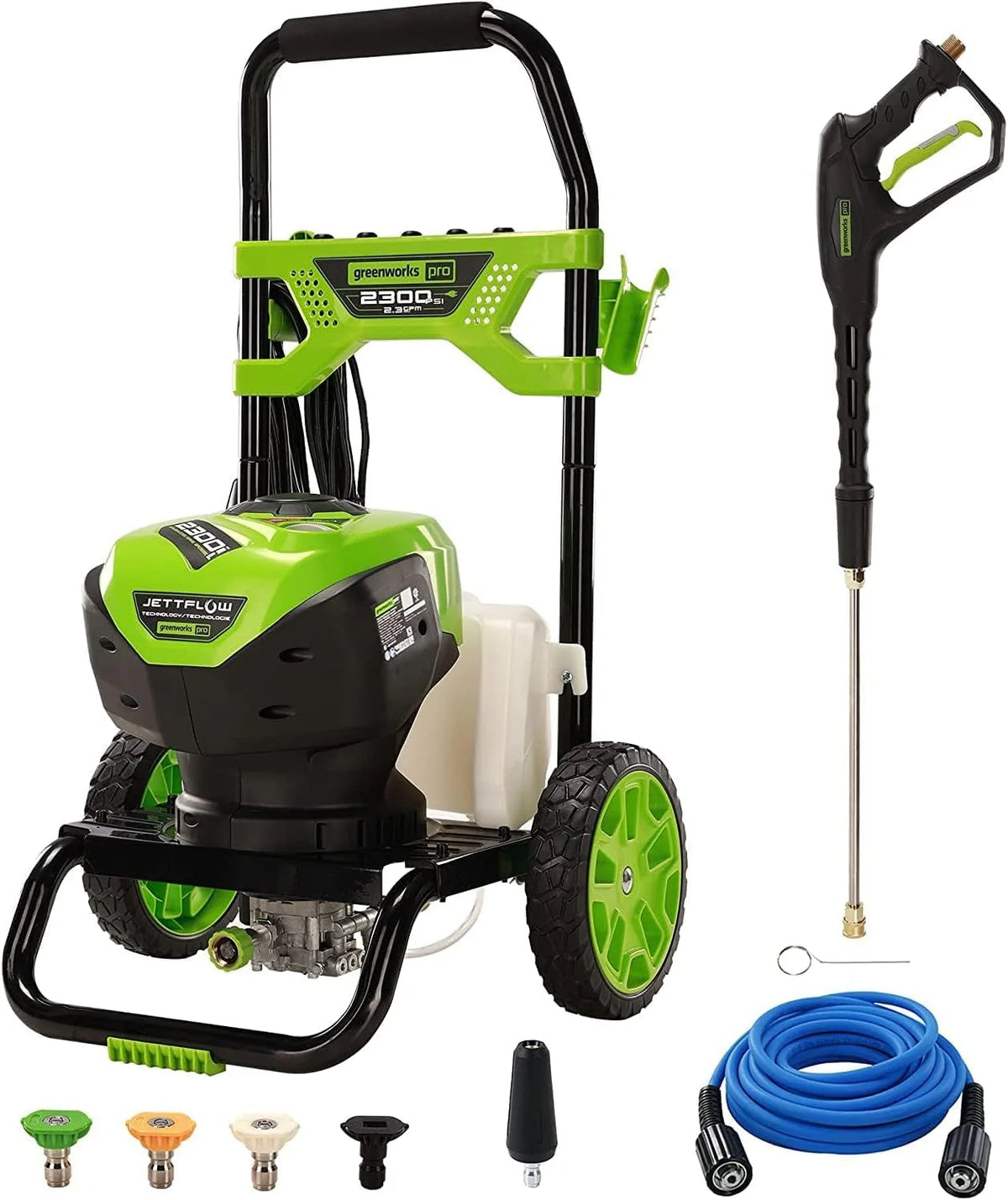 2300 pounds/square inch true brushless electric high-pressure cleaning machine (2.3 gallons/minute). 25 feet hose. quick-connect nozzle. 15°. 24°. 40° soap nozzles and turbine nozzle