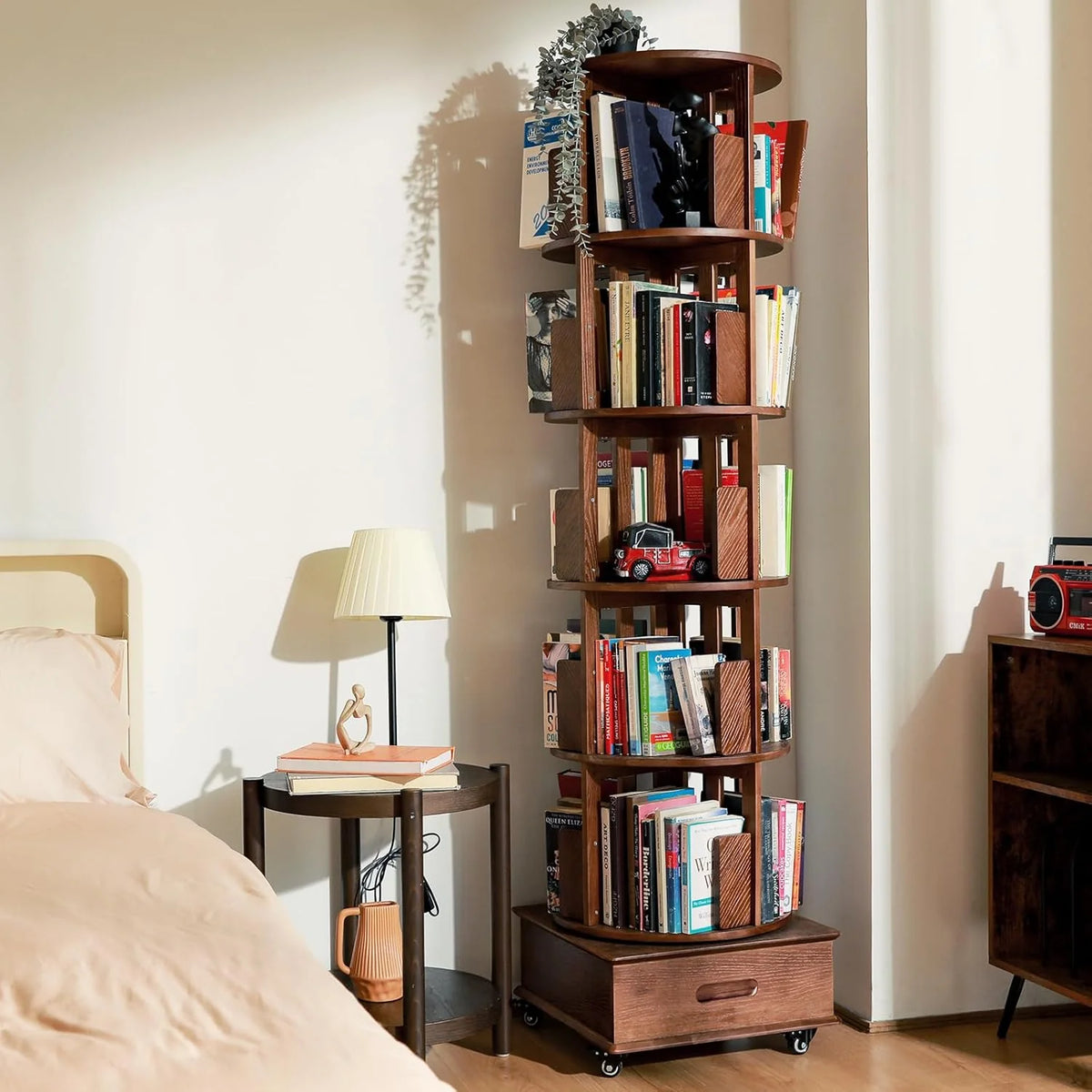 Solid wood rotating bookshelf. 360° display cabinet. with 1 drawer. rotating bookshelf tower with wheels. 72-inch high bookcase suitable for small spaces. rotating bookshelf for home office. walnut finish