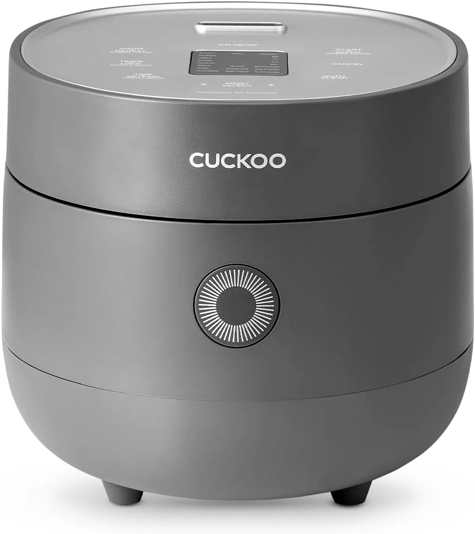 Electric rice cooker with 6-cup capacity (uncooked) / 12-cup capacity (cooked). modern fuzzy logic control. featuring timer function and insulation setting. compact model. multi-functional steamer. non-stick inner liner. gray exterior.