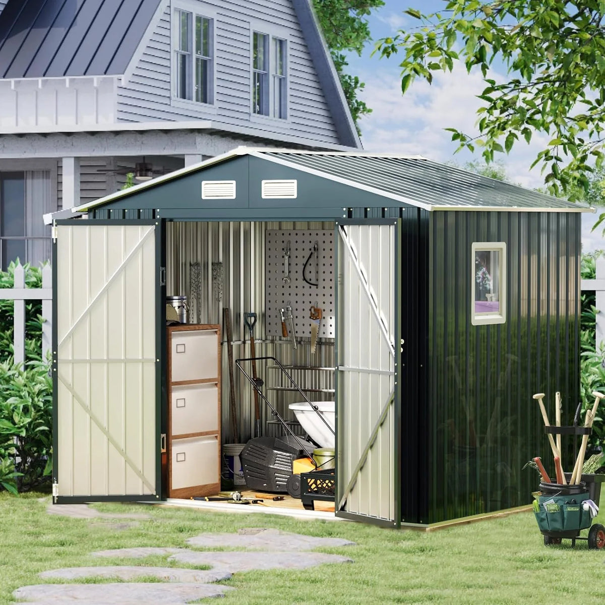 8x6FT Outdoor Steel Storage Shed with Clear Window. Lockable Doors. Weather-Resistant Metal Tool Shed for Garden. Backyard. Patio. and Utility Storage