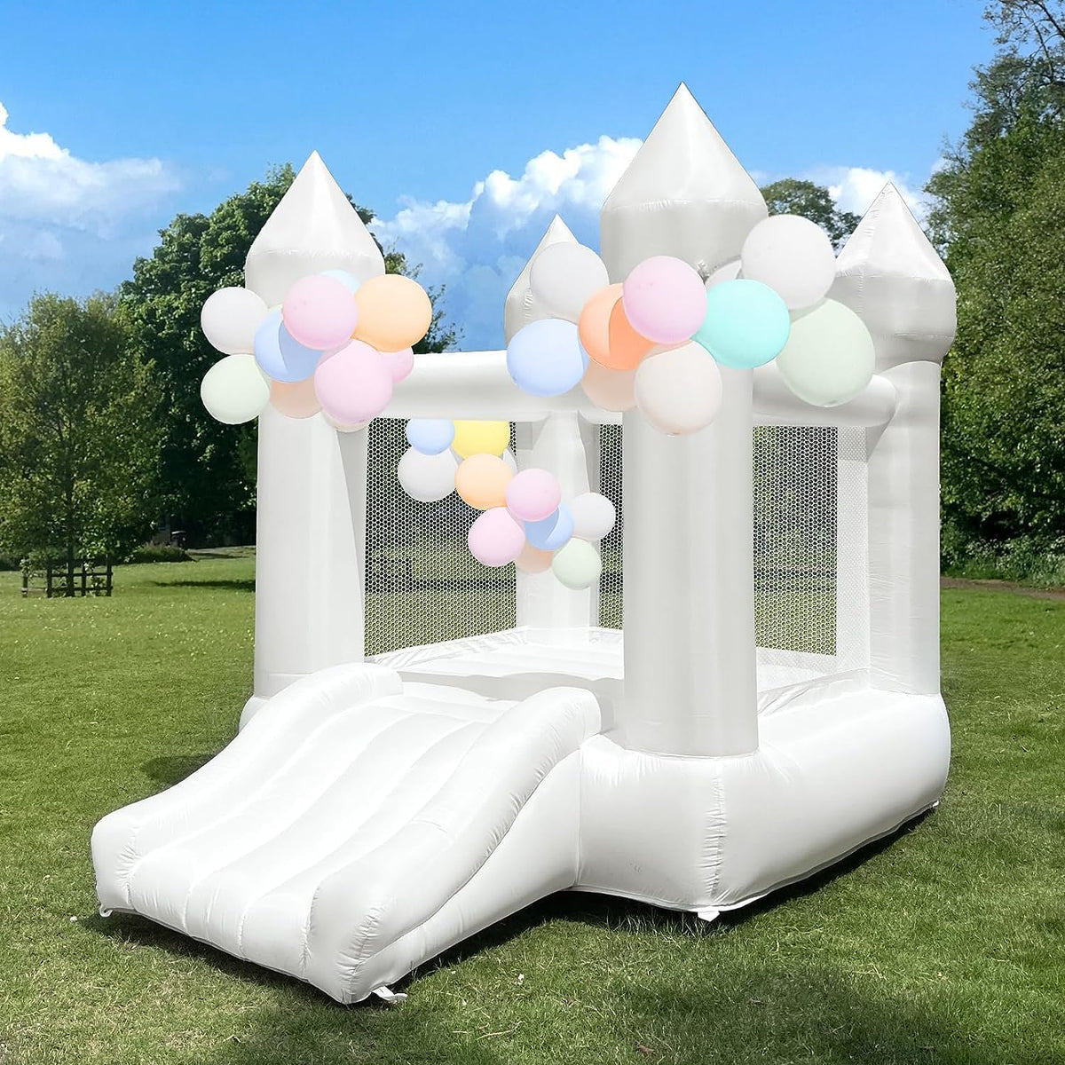 White Bounce House Indoor Outdoor Bouncy Castle for Kids 2-8 Oxford Toddler Bounce House with Slide Balloon & Blower.103 x 71 x 90 inch.Children's Birthday Party Easter Party Gifts