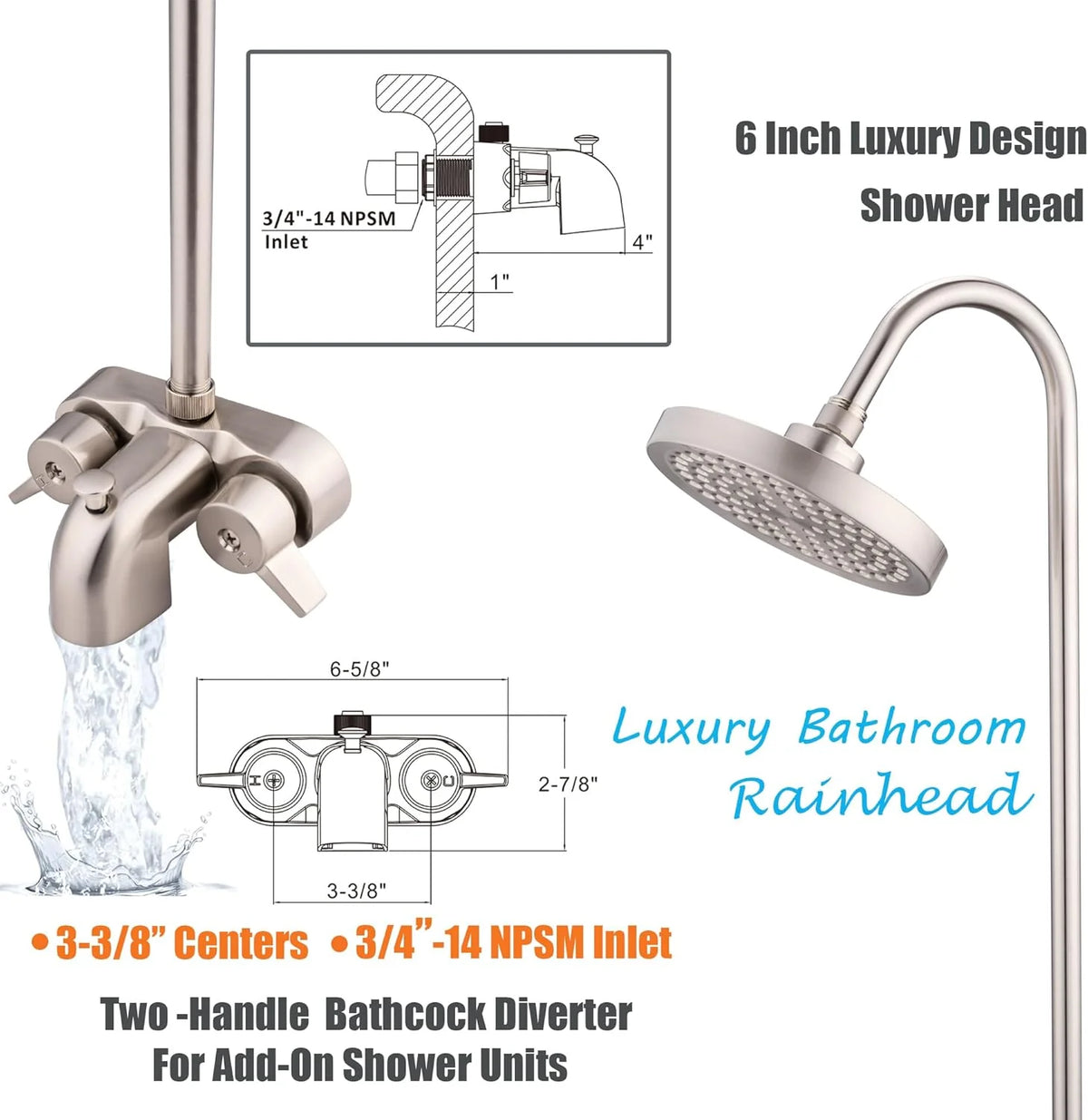 Clawfoot Tub Shower Kit. Add On Shower Units With Bathcock Diverter Faucet and 48 X 27 Rectangular Claw foot Tub Shower Curtain Rod Kit.Claw foot Tub Shower Faucet Set.Brushed Nickel