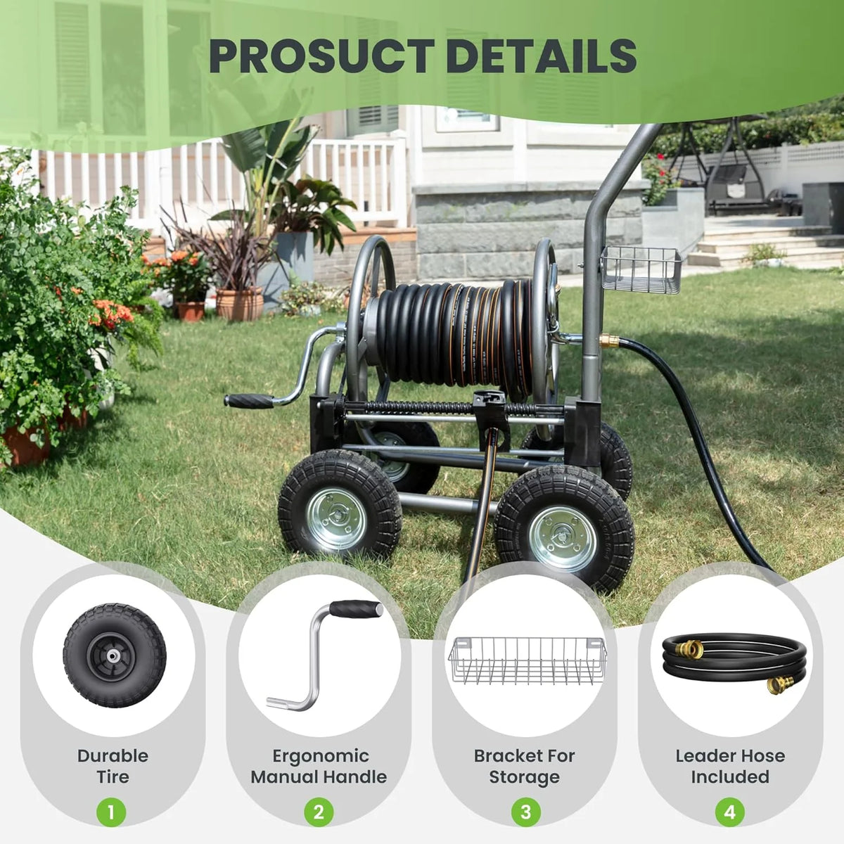 Tool pipe trailer. heavy-duty wheeled hose vehicle. suitable for outdoor industrial hose reels. length 250 feet. inner diameter 5/8 inches. hose guide device pre-installed.