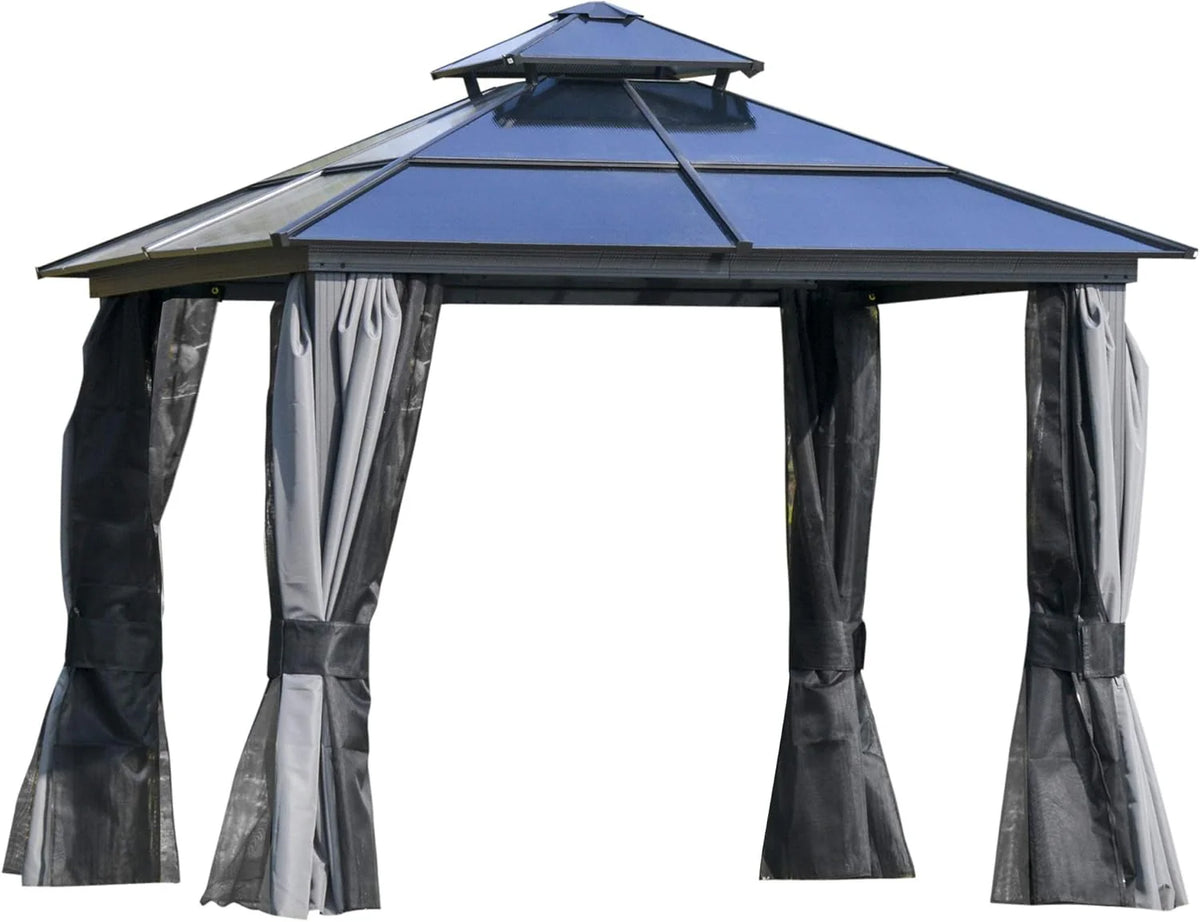 10 feet x 12 feet hard-top awning canopy. polycarbonate roof. aluminum frame. permanent outdoor awning. with net cover. suitable for patios. gardens. backyards. terraces. lawns. grasslands. light gray.