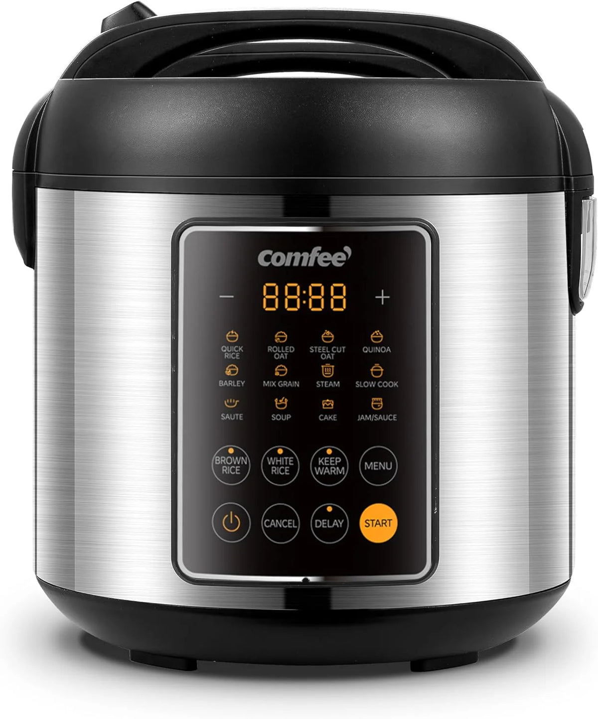 Compact electric rice cooker. 6-in-1 stainless steel multi-functional cooking utensil. slow cooker. steamer. frying pan. heater and warmer. 2-gallon capacity (8 cups cooked. 4 cups uncooked). suitable for brown rice. quinoa and oats. 6 one-button pro