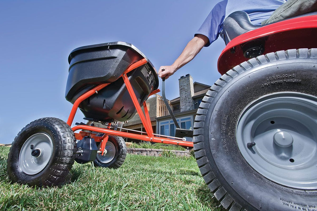 Tow-Behind Lawn & Garden Broadcast Spreader for Seed.Fertilizer.Salt.Ice Melt; Easy to use Flow Control from Seat of Riding Lawn Mower