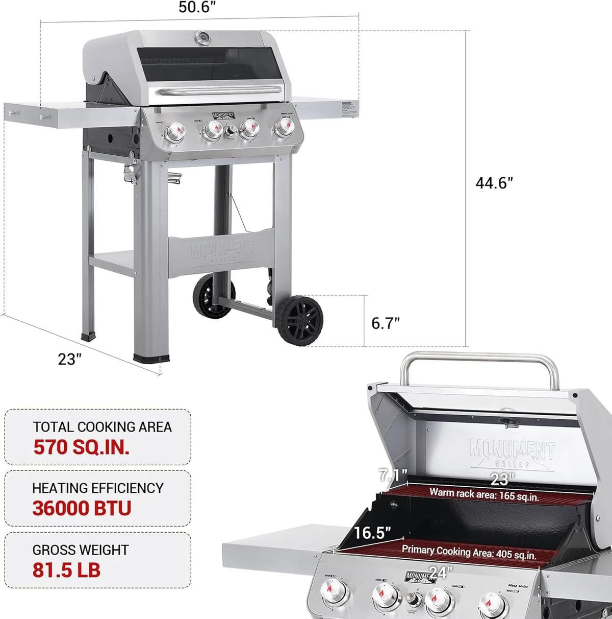 Grills 4-Burner Liquid Propane Gas Grill. Silver Stainless Steel Grill Outdoor Patio Garden Barbecue Grill with Clearview® Lid and One Foldable Shelf. Mesa400MF