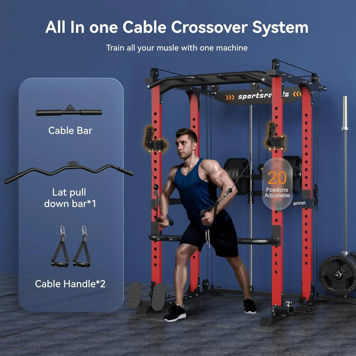 Sportsroyals Power Cage.1600lbs Multi-Function Power Rack with Adjustable Cable Crossover System and More Training Attachment. Weight Cage for Home Gym
