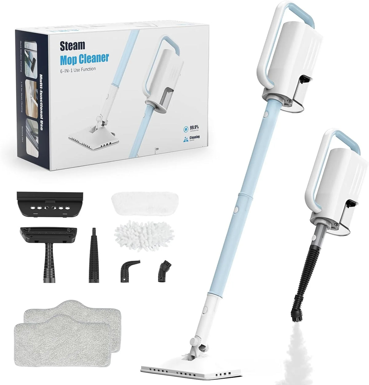 Steam Cleaner. 6 in1 Rotated Steam Mop Cleaner with 2 Modes. 2 Microfiber Pads. 400ML Removable Tank. 23FT Power Cable. Detachable Steam Mops for Floor. Laminate Floor. Tiles Cleaning (Light Blue)