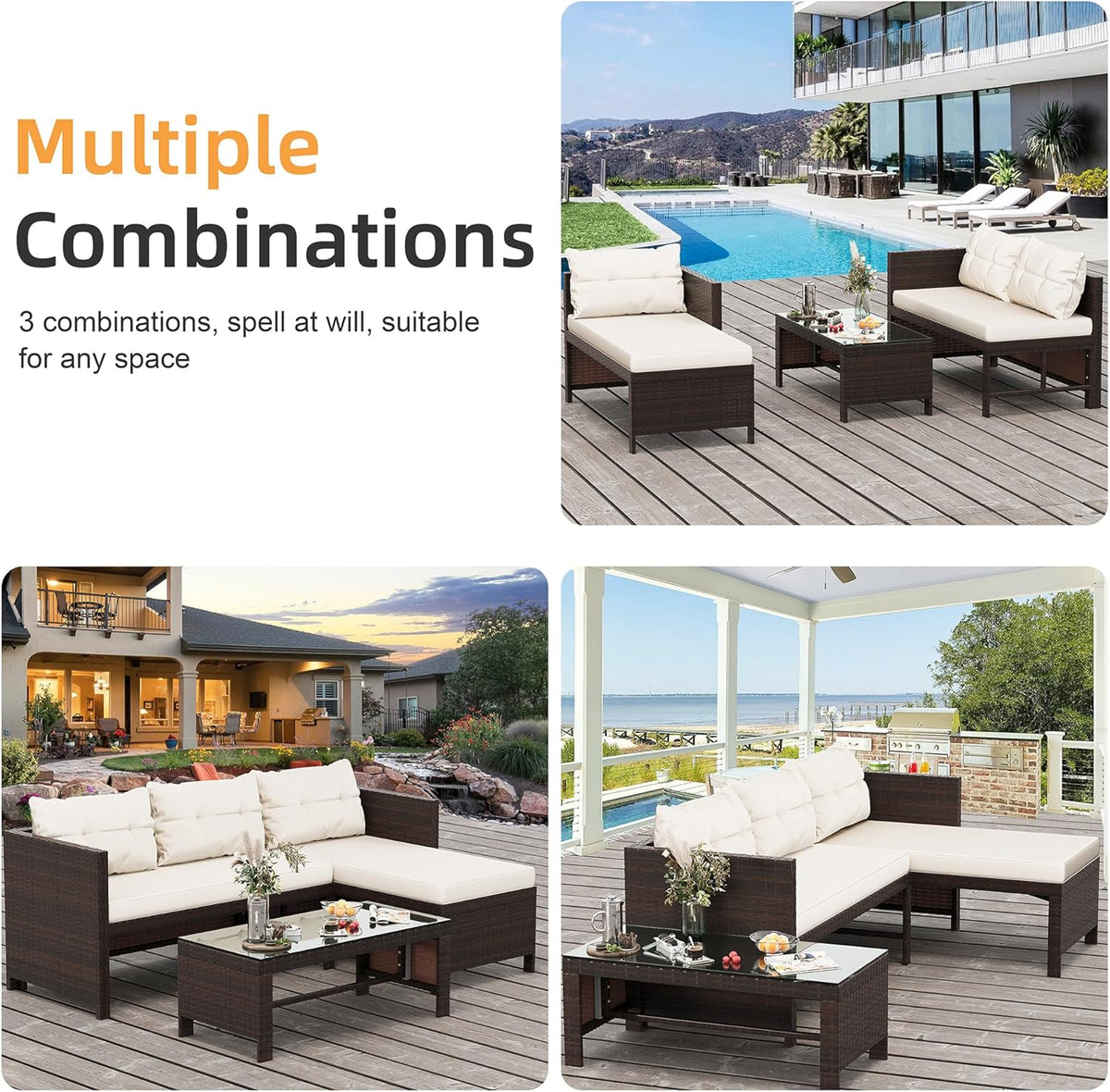 Outdoor Patio Furniture Sets. Wicker Patio sectional Sets 3-Piece. All Weather Wicker Rattan Patio Seating Sofas with Glass Coffee Table and Cushion (Beige)