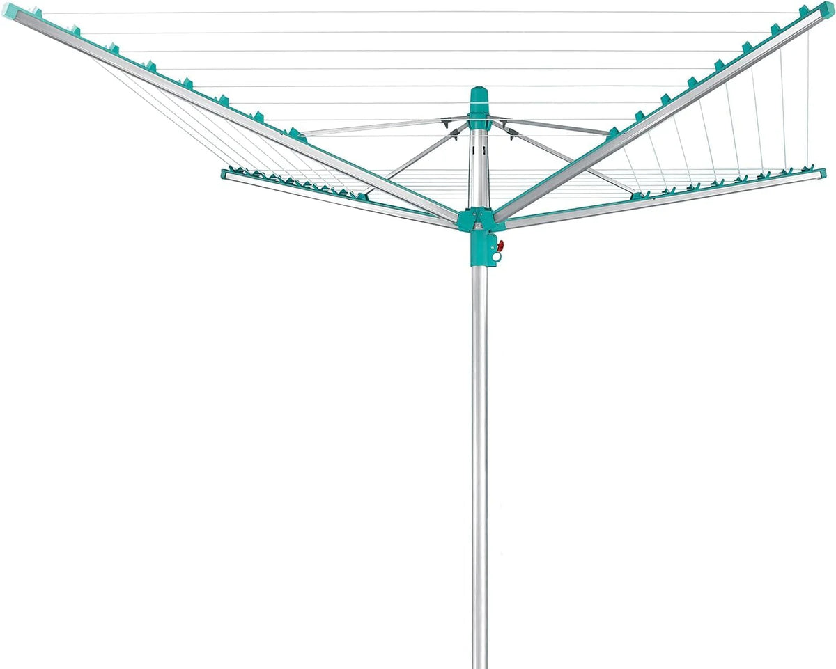 Simple drying machine. extendable by 50 meters to maintain cleanliness. made of fully rust-free aluminum material. with a shaft diameter of 3.28 meters and a maximum length of 2.03 meters. It has a pull-out rotating clothes drying rack. emerald green