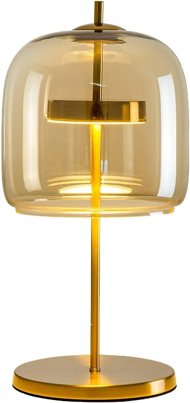 The amber desk lamp. the golden bedside lamp. the round bedside lamp for bedrooms and living rooms with a forged iron base. the glass lampshade and the LED bulb are all fully equipped.