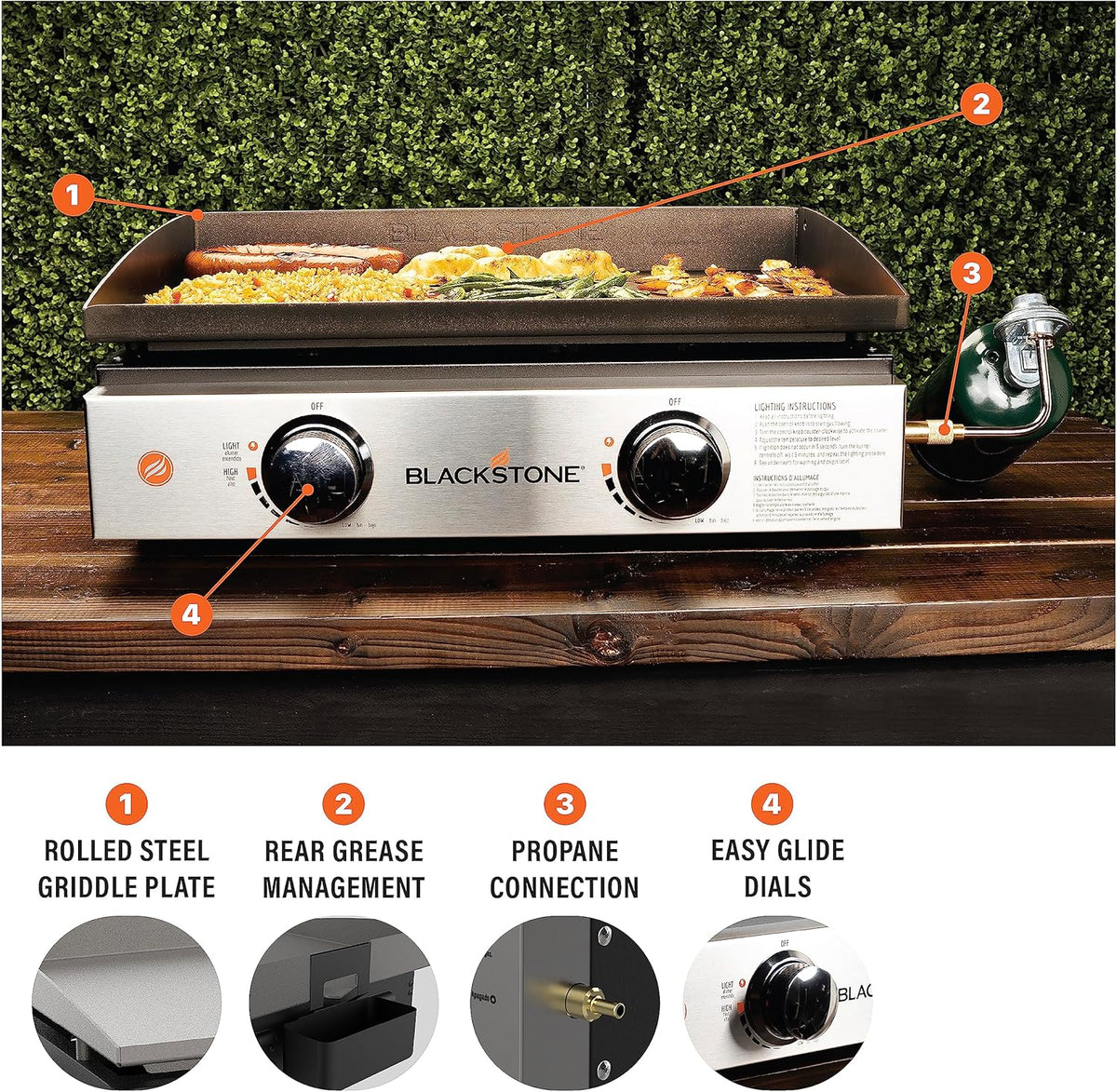 1813 Original 22 Tabletop Griddle with Hood and Stainless Steel Front Plate. Powder Coated Steel. Black