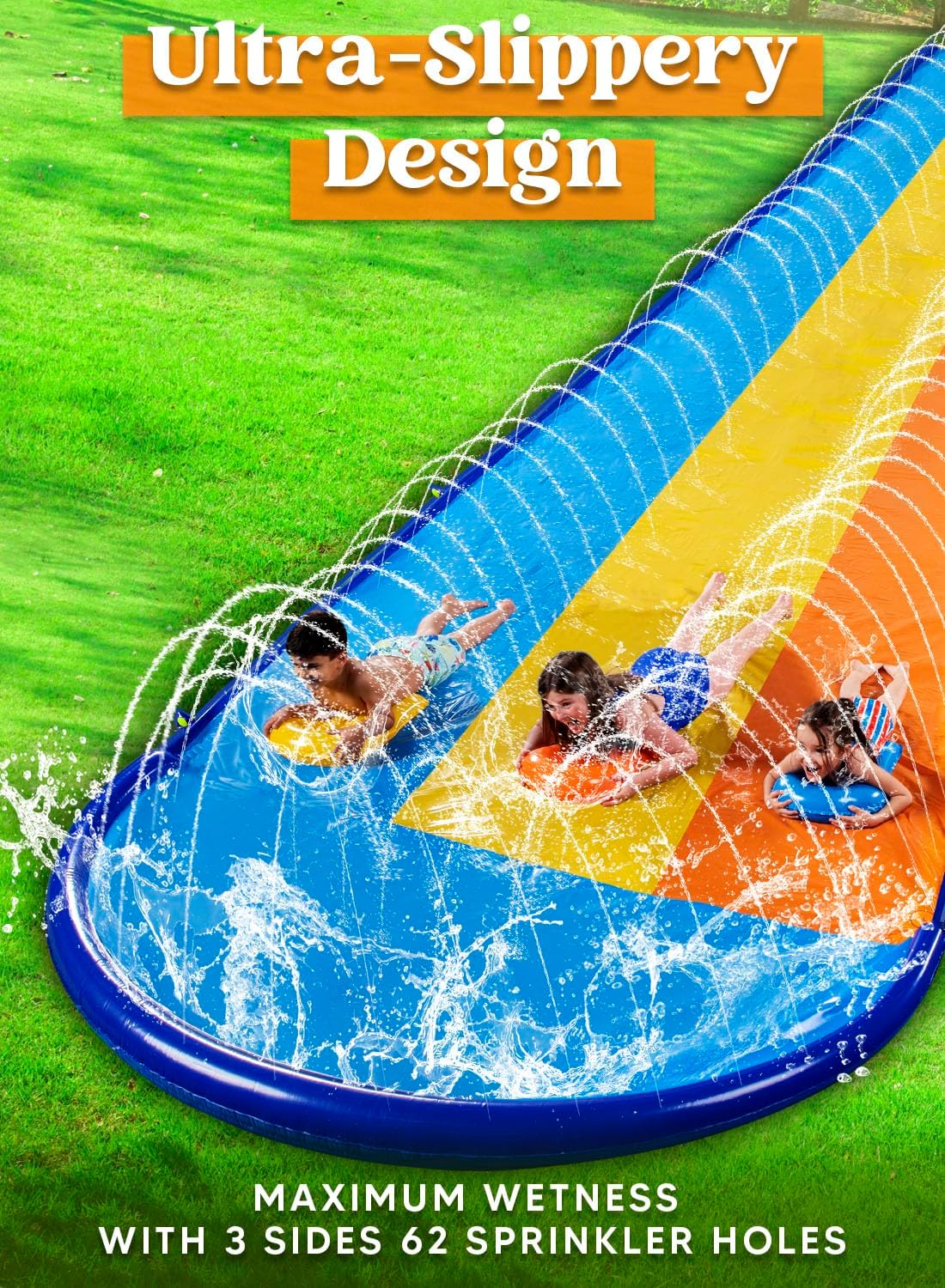 Sloosh Triple Water Slide with 3 BodyBoards. 22.5FT Lawn Water Splash Slip and Slide Summer Toy Splash Pad with Build in Advanced Sprinkler for Kids Adults Backyard Summer Water Fun
