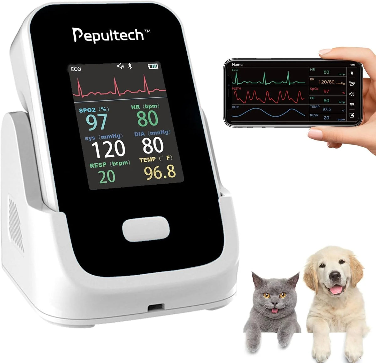 6 Parameters Veterinary Vital Signs Monitor.Bluetooth Veterinary Pulse Oximeter for Dogs. Rechargeable Blood Pressure Monitor for Pets.Oxygen Spo2 Monitoring Tools for Family Clinic Use
