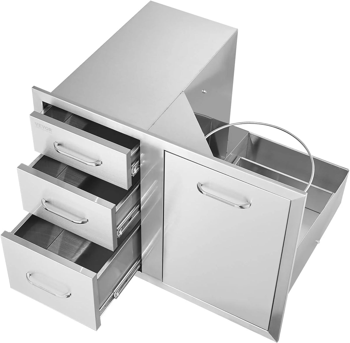 Pull Out Trash Drawer 13.4W x 25.7H x 19.6D Lower Sliding Rails Stainless Steel Roll Out Trash Bin Pull Out Tray Outdoor Kitchen Trash Drawer with Handle for BBQ Island Grill Station