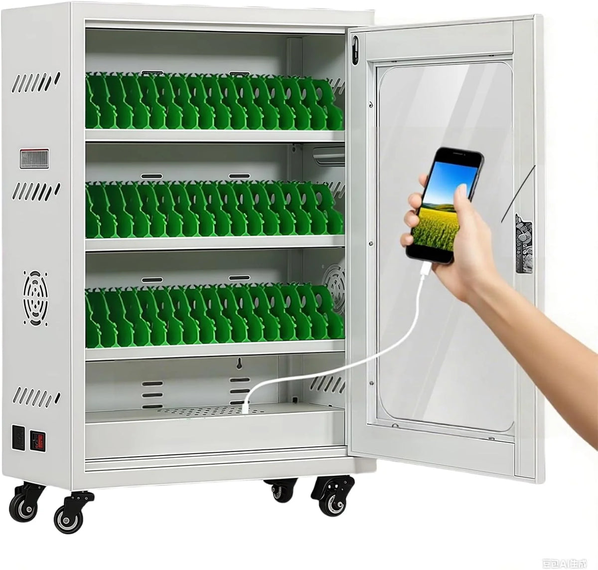 Mobile Charging Cabinet for Cell Phone. 50 Device Charging Station. USB Charging Cart Locker. with Wheels & Combination Lock. Secure Phone Storage Cabinet (50Slots)