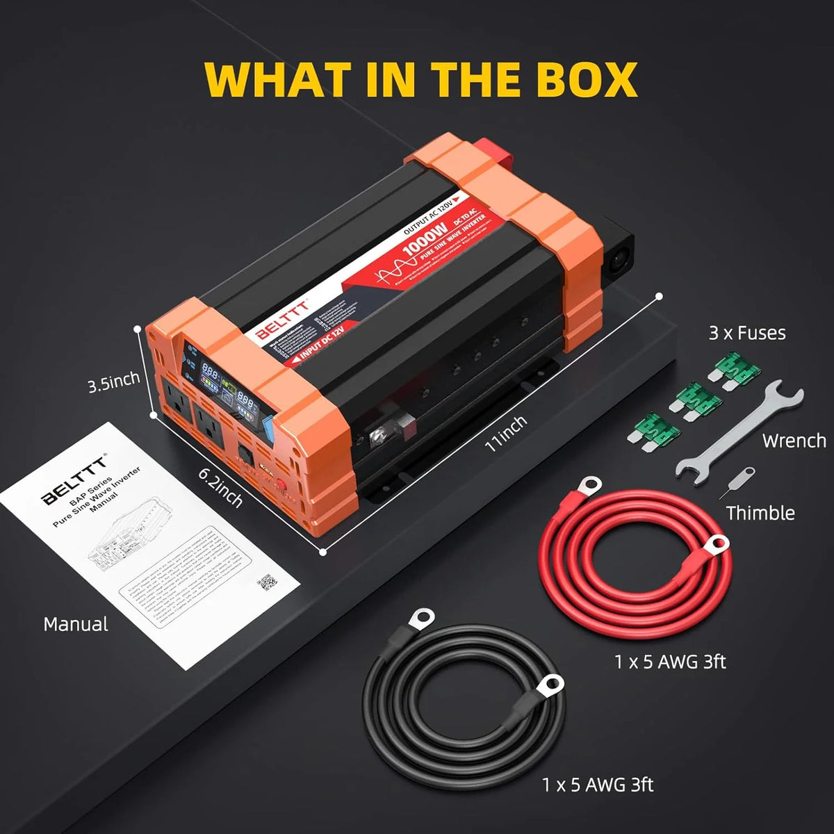 2000W Pure Sine Wave Inverter. Car Power Inverter 12V to 120V AC Converter for RV. Truck. Solar. Outdoor with Dual AC and 20A Socket. 5V 2.1A USB. Surge 4000W. Hardwire Port. Remote Controller