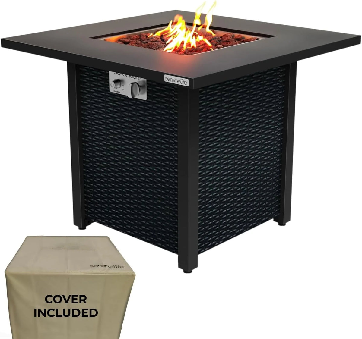 Propane fire pit table. 40.000 watt outdoor square gas fire pit. with lid. weather-resistant metal material. adjustable flame. rock melting set. highly suitable for use on decks. backyards and platforms (30 inches × 30 inches × 11 inches)