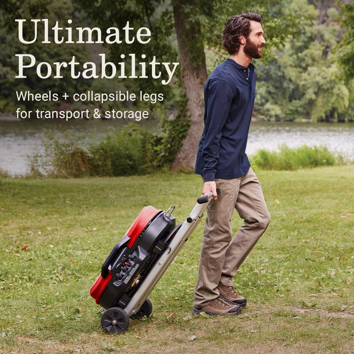 RoadTrip Portable Stand-Up Propane Grill with 3 Adjustable Burners & Instastart Ignition. 20.000 BTUs of Power for Outdoor Cooking