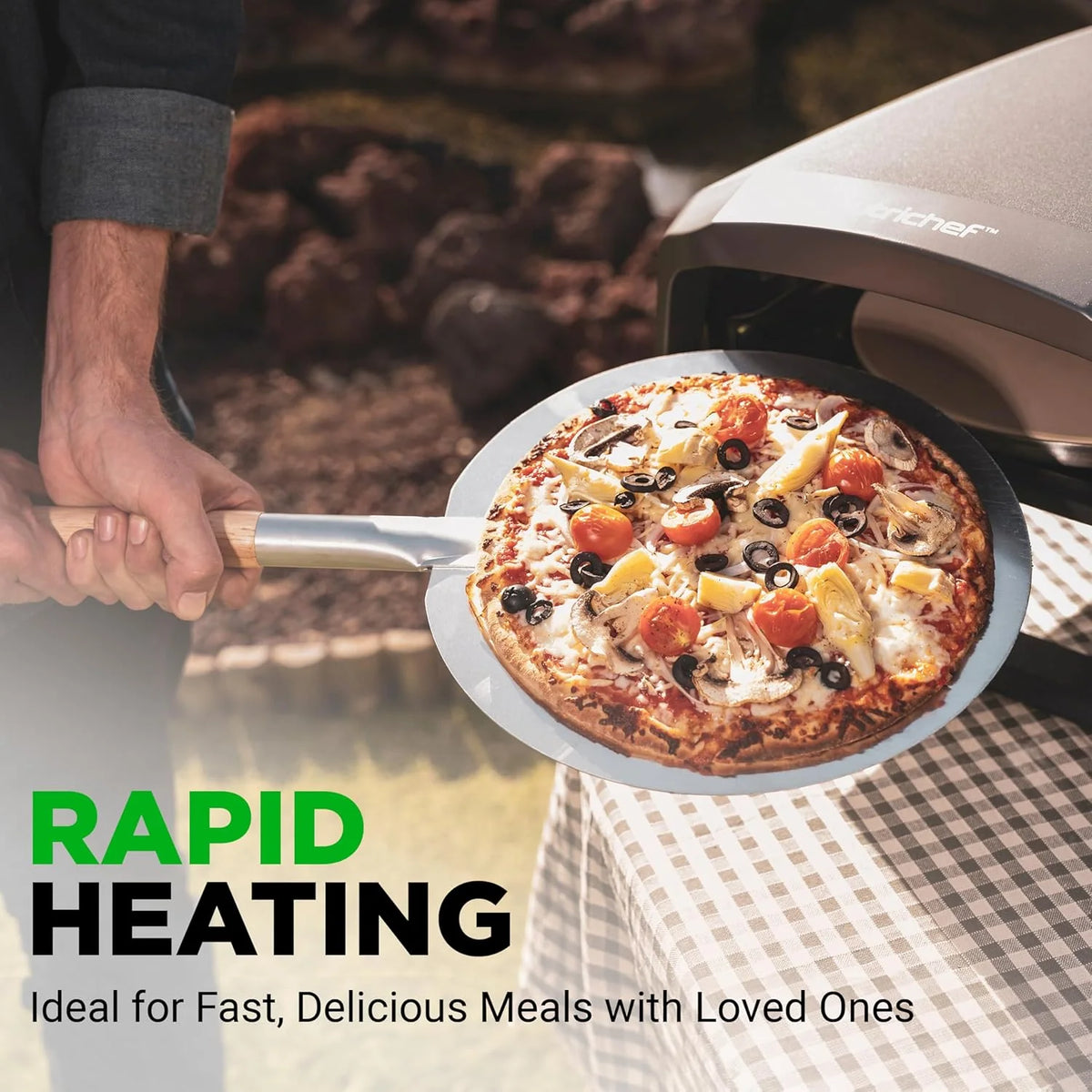 Outdoor pizza oven. equipped with 360-degree rotating pizza stone | Adjustable temperature control | Includes pizza shovel. pizza knife. stone. lid and hose | Can bake a 12-inch pizza in 60 seconds | 32.9 x 16.1 x 12.4 inches