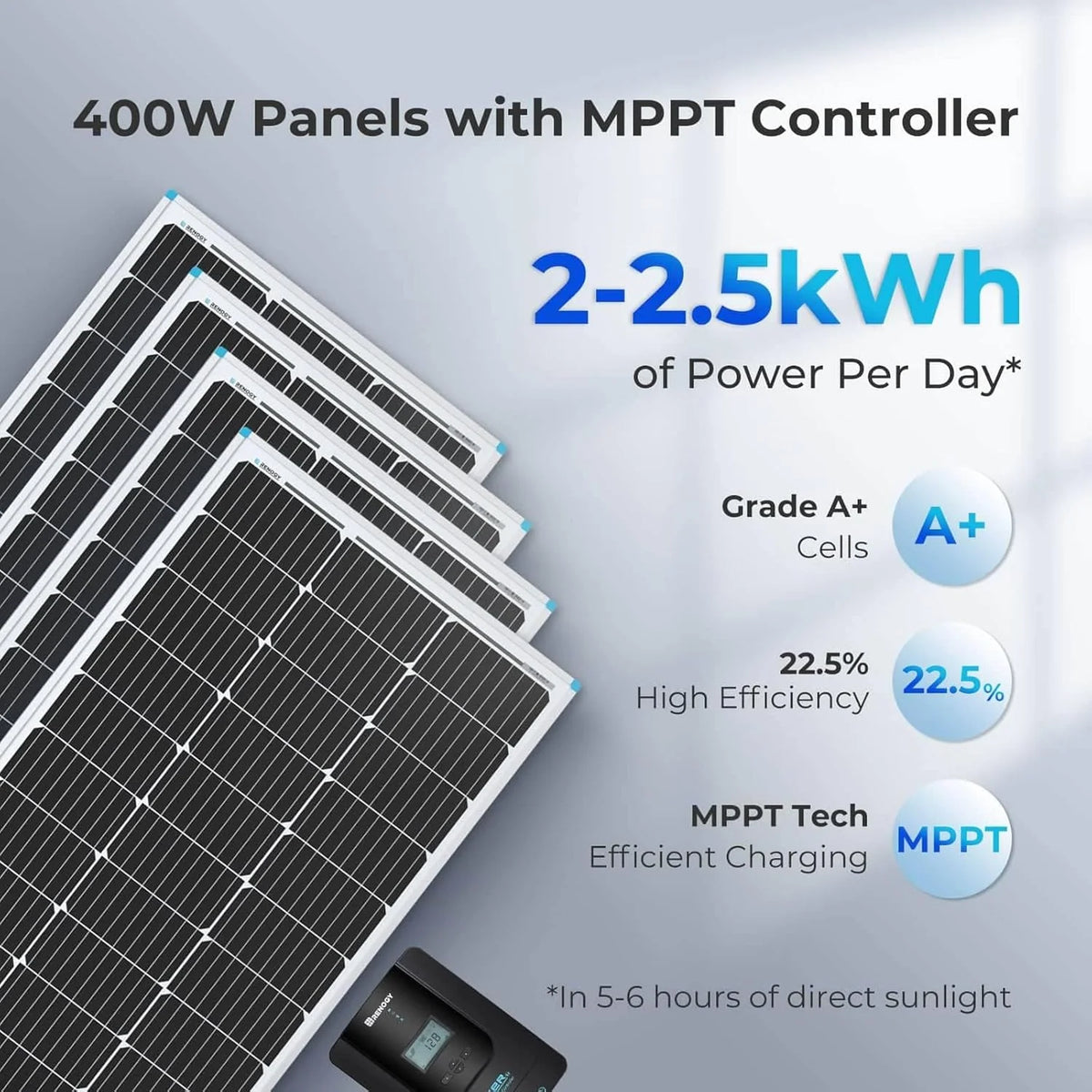 400 Watt 12 Volt Premium 4 Pcs 100W Panel+40A MPPT Charge Controller+ Bluetooth Module Fuse+ Mounting Z Brackets+Adaptor Kit +Tray Cables Set. 400W. Grid 12V Solar Power System
