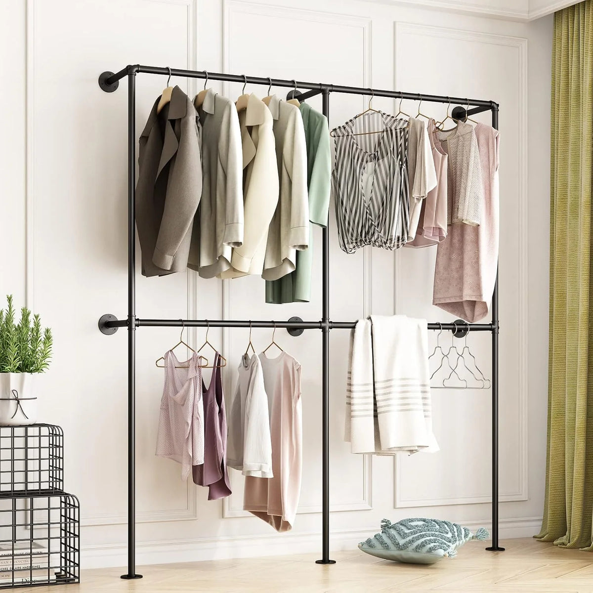 Industrial-style wall-mounted pipe clothes hanger. wall-mounted clothes hanger with double hanging rods. for closet storage (gold)
