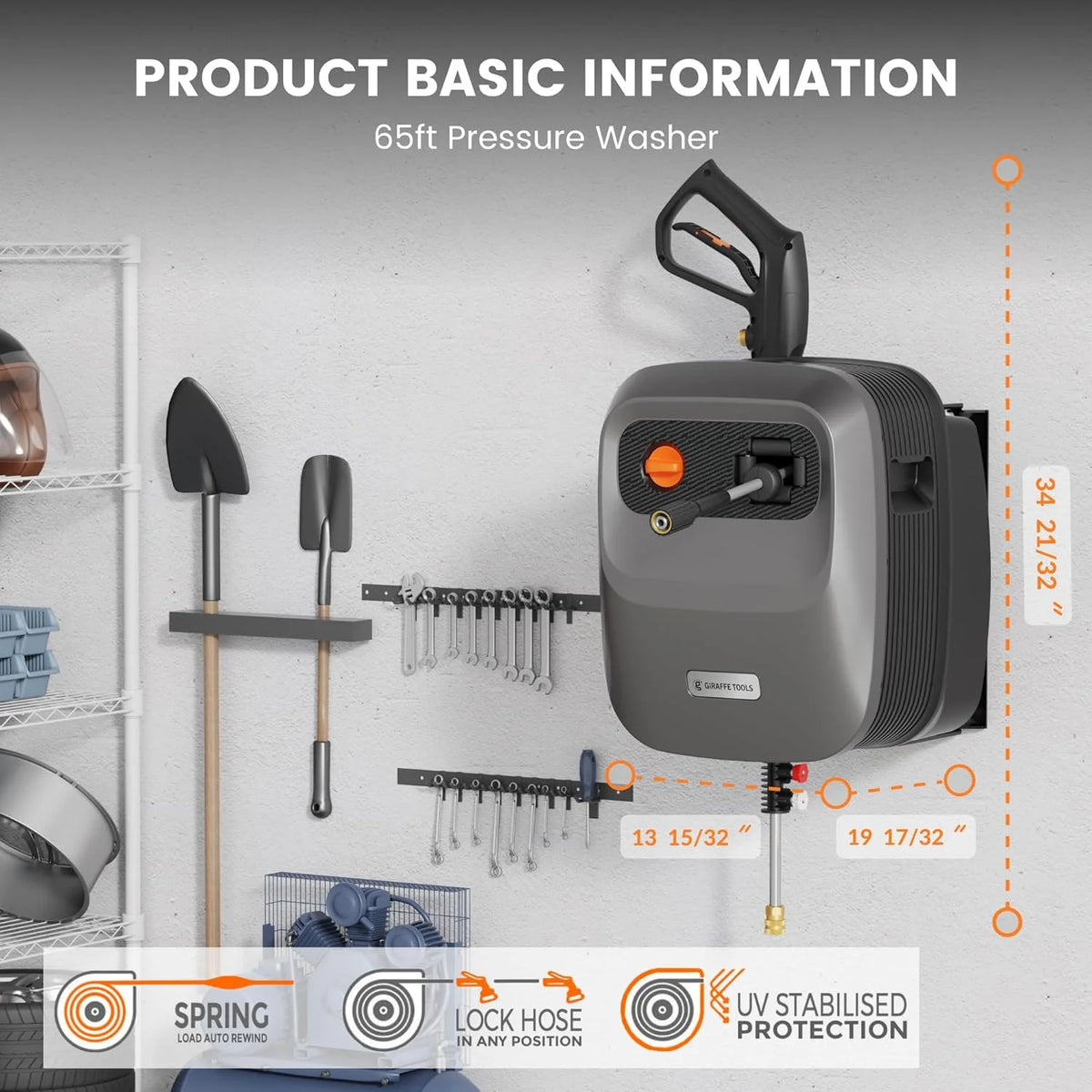 Pressure Washer G20 Pro. 2500 PSI 2.2 GPM. 180° Wall Mounted Power Washer. Auto-retract with 65FT Hose Reel. 5 Nozzles for Floor/Cars/Fences/Patios. Dark Silver