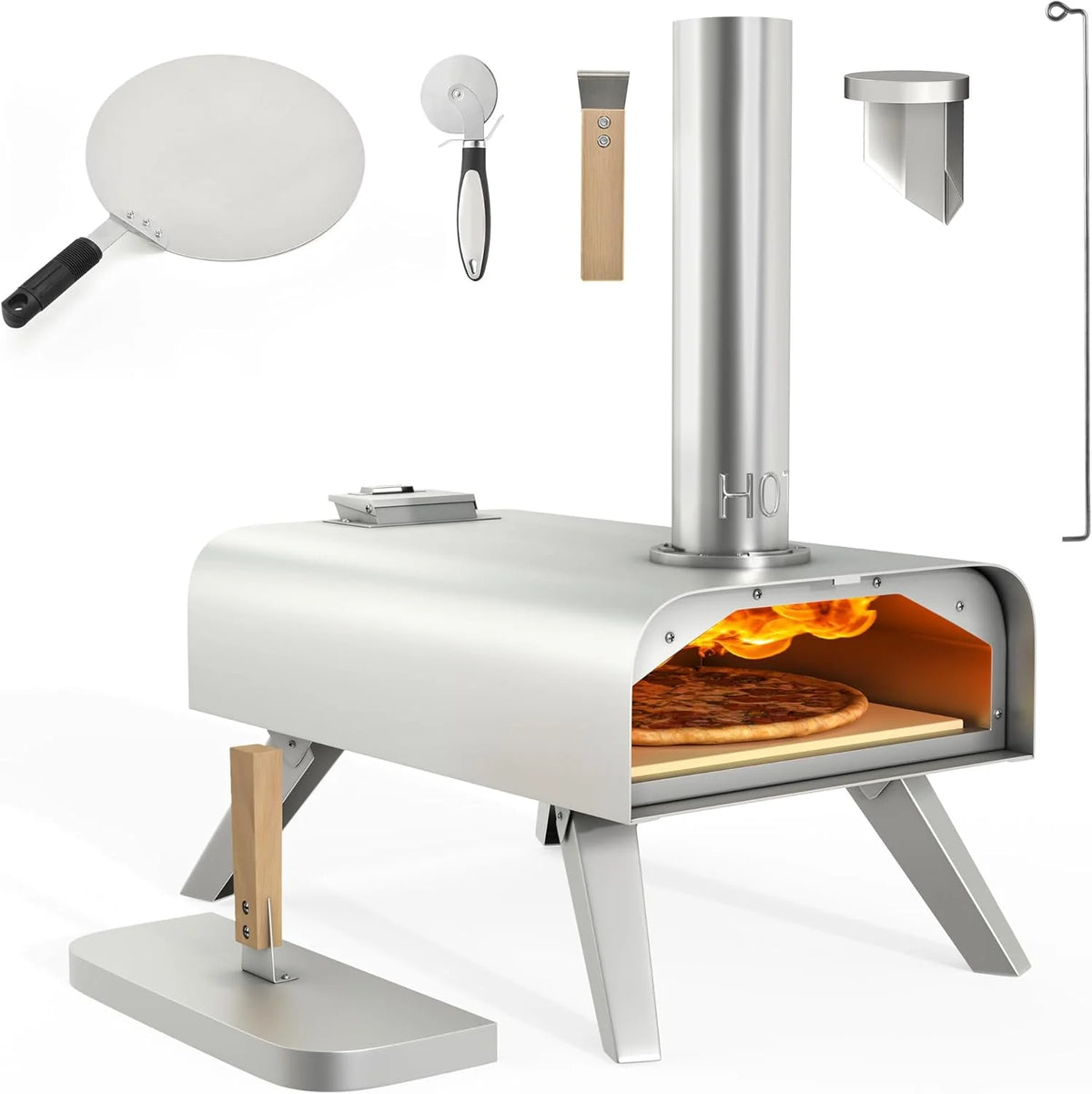 Wood-fired outdoor pizza oven. 12-inch portable pellet pizza oven. equipped with pizza tongs and pizza cutter. stainless steel silver pizza maker suitable for outdoor kitchen cooking
