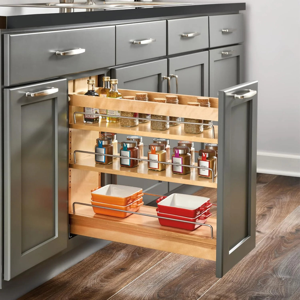 5-inch pull-out storage rack. suitable for bottom cabinets in kitchens/bathrooms. with a soft-closing slide rail for a spice rack/food storage rack. made of wood material